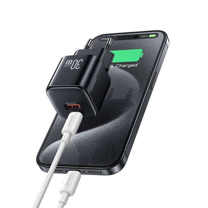 Black - [GaN Tech] USAMS CC263 30W 2-Port USB Charger USB-A+USB-C Fast Charging Wall Charger Adapter