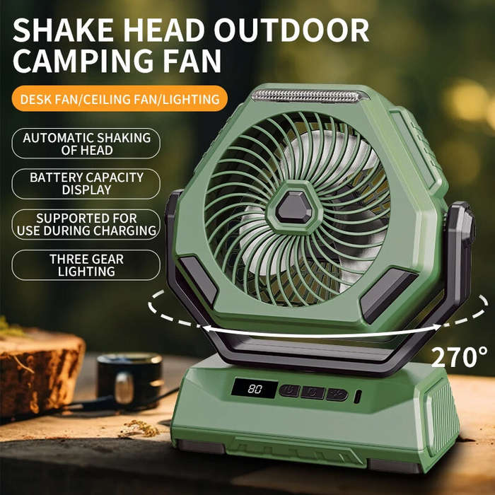 Black - 6000mAh Rechargeable Camping Fan with LED Light Portable Outdoor Ceiling Oscillating Fan Typ