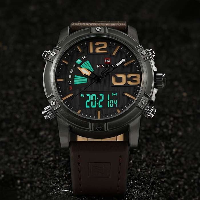 Brown - NAVIFORCE Fashion Sport Digital Watches Analog Date Clock Luminous Waterproof Genuine Leathe