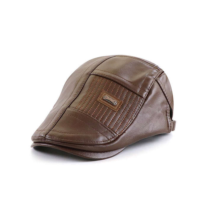 Dark Brown - Collrown Beret Mens Adjustable PU Leather Flat Cap Stitch Newsboy Cap Driving Fishing C