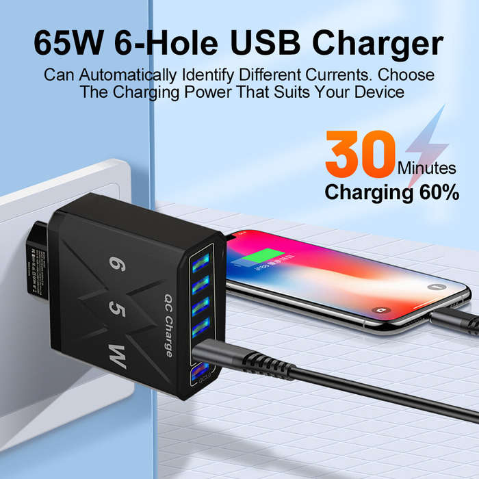 White & EU Plug - 65W 6-Port USB Charger 3.1A USB-A*5 QC3.0 Fast Charging Wall Charger Adapter EU Pl
