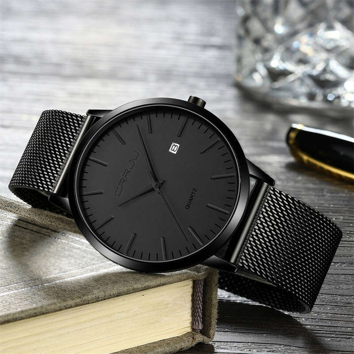 Black - CRRJU Thin Men Watch Casual Simple Calendar Watch Quartz Watch Waterproof Sports Black Watch