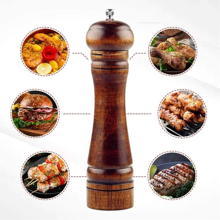 8 inch - Classic Manual Salt Mill Wooden Pepper Grinder Set Salt Grinder Refillable Pepper Mill Pepp
