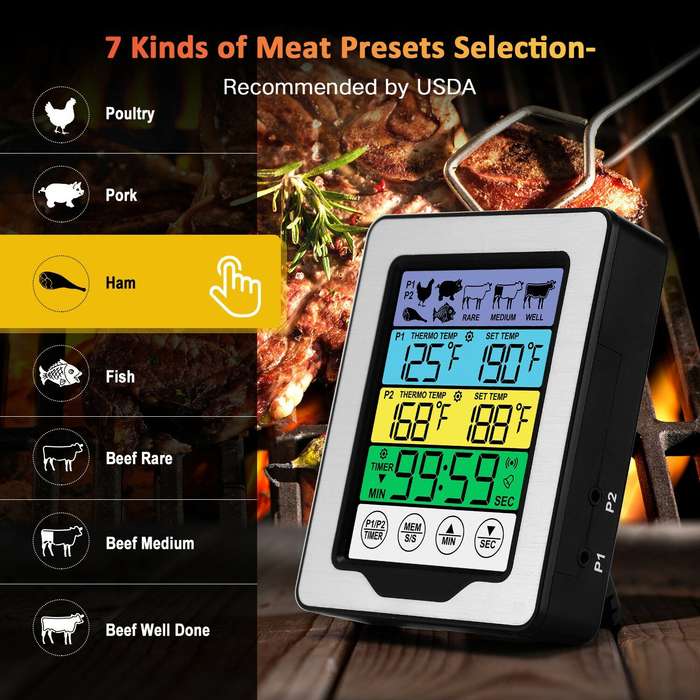 Dual Probe Large Colorful Touchscreen Food Meat Thermometer Kitchen Cooking BBQ Thermometer High Tem