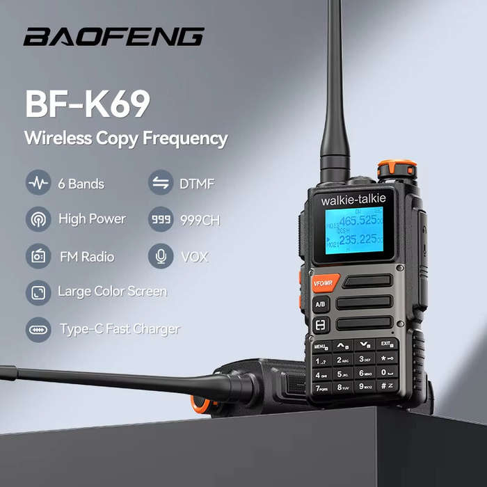 Black - Baofeng BF-K69 High Power Walkie Talkie Multi-Band Wireless Copy Frequency 999CH Type-C AM F