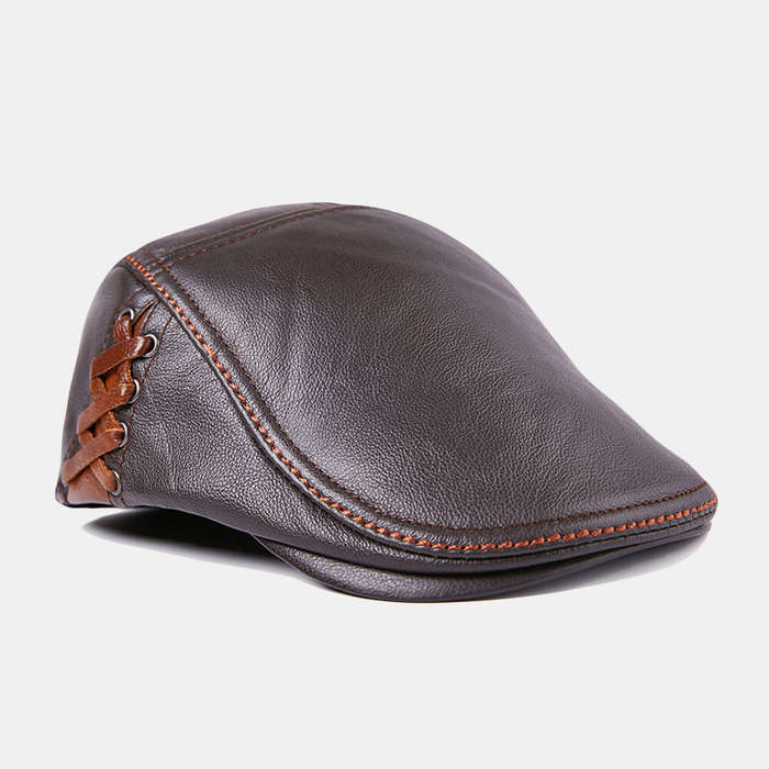 Mens Winter Warm Adjustable Genuine Leather Beret Caps Windproof Outdoor Top Layer Leather Trucker C