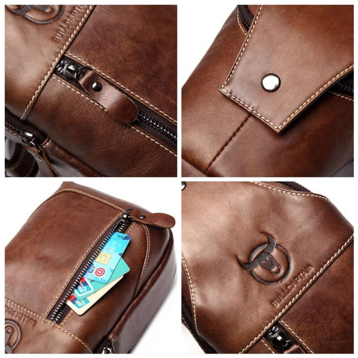Brown - BULLCAPTAIN Men Genuine Leather Wear Resisting Textured Business Casual Brown Black Chest Ba