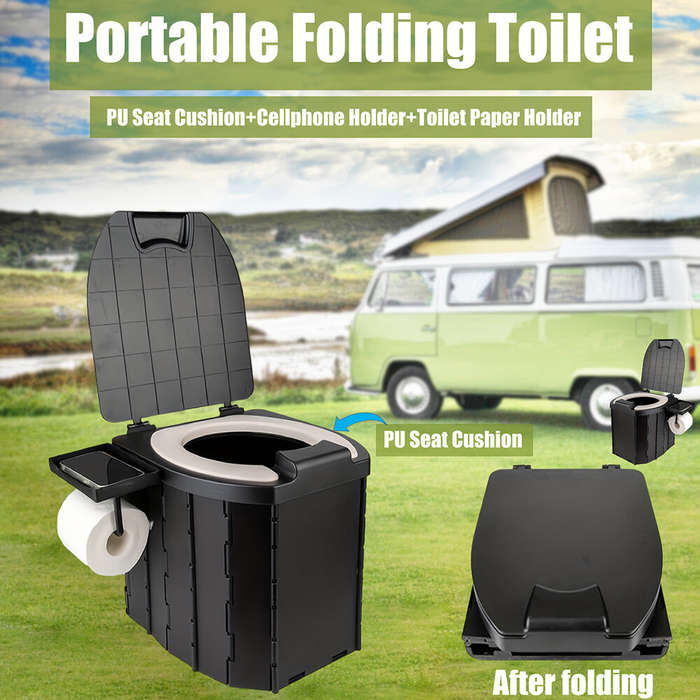 Black - PU Portable Folding Toilet with Cover, Mobile Camping Toilet, Compact Travel Potty for Adult