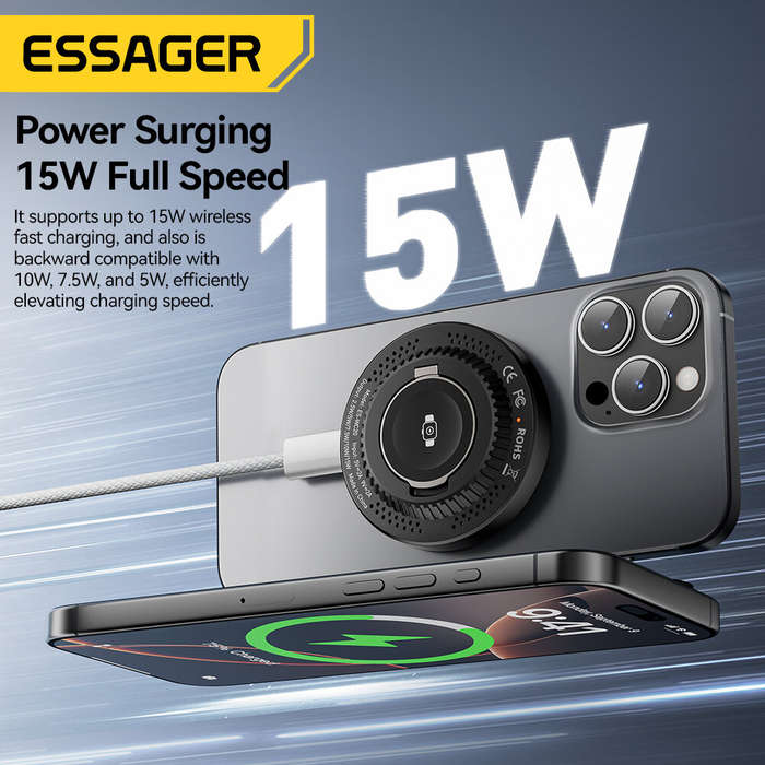 Black - ESSAGER ES-WC20 2-in-1 Magnetic Wireless Charger 15W Fast Wireless Charging Pad for Smart Ph