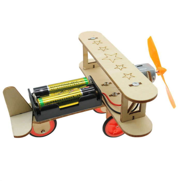 01 - Wooden Electric Biplane Taxiing Aircraft Children's Science Experiment Education Handmade DIY M