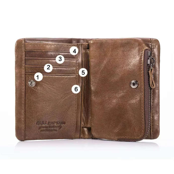 Black - BULLCAPTAIN Men's Genuine Leather RFID Wallet Short Trifold Design Hasp Zipper Closure Card