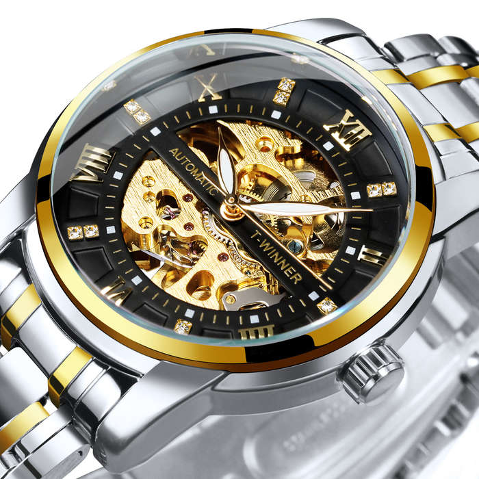 Gold - Classic Mechanical Watches Luxury Diamond Dial Black Gold Skeleton Automatic Mens Watch Stain