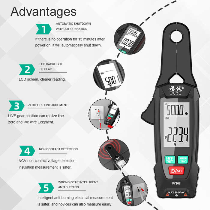 Black - FY368 Digital Clamp Multimeter AC DC Voltage Current Resistance Frequency Capacitance Temper