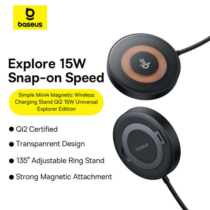 Black - Baseus Simple MIni4 15W Magnetic Wireless Charger Fast Wireless Charging Pad Built-in Stand