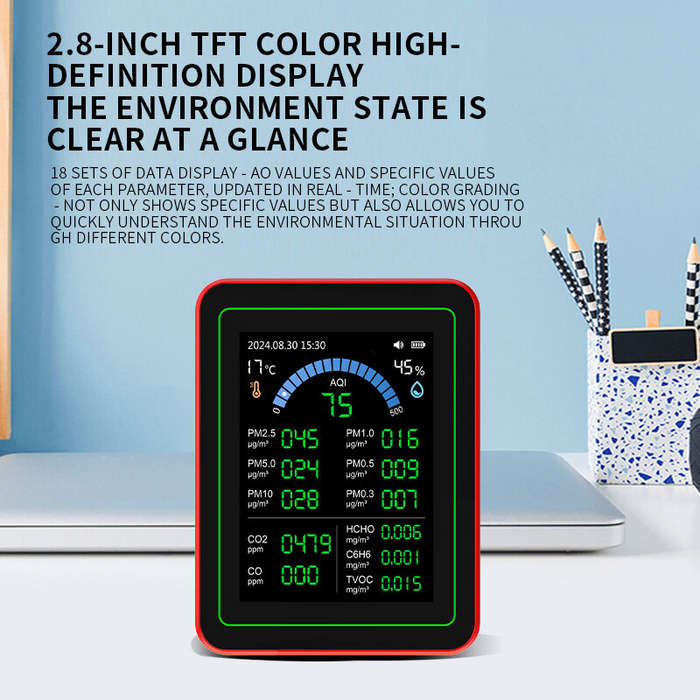 White - 18-in-1 Air Quality Detector Formaldehyde CO TVOC CO2 PM1.0 PM2.5 Monitor Temperature Humidi