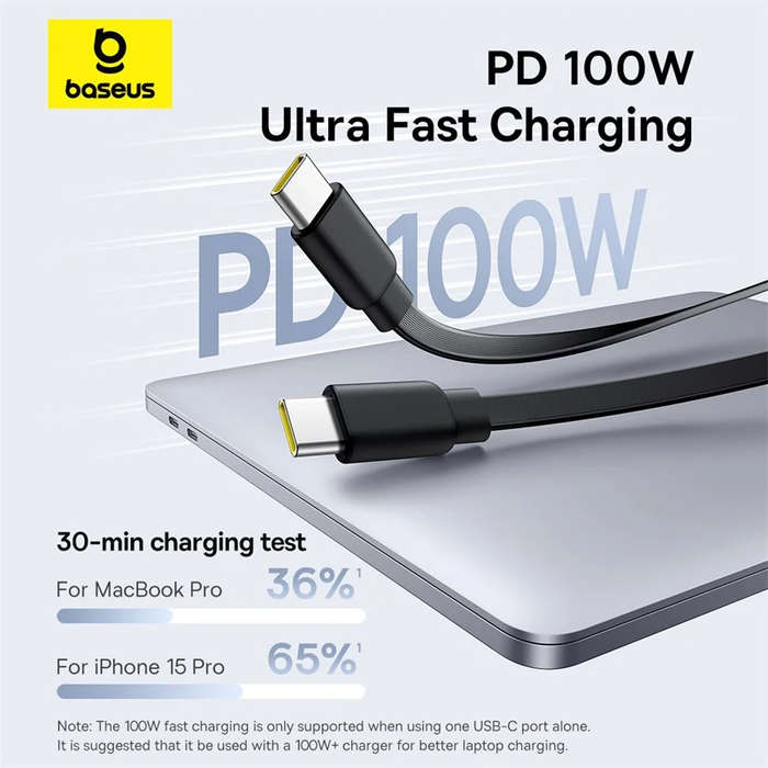 Black - Baseus Bright Mirror Series 100W Type-C to C+C Cable Fast Charging Data Transmission Copper