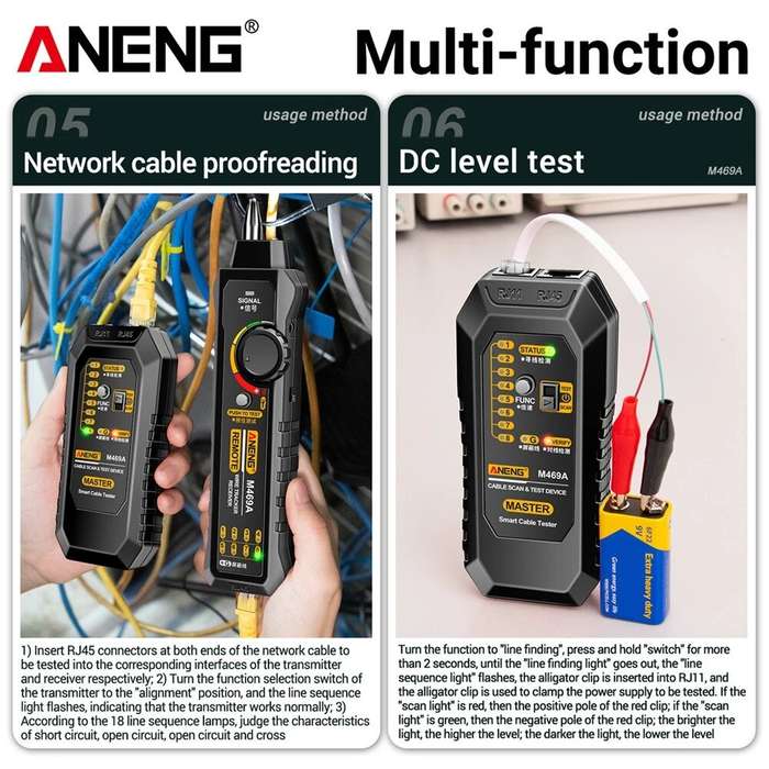 Black - ANENG M469A Smart Network Cable Tester RJ45 RJ11 LAN Cable Tester Finder Wire Tracker Receiv
