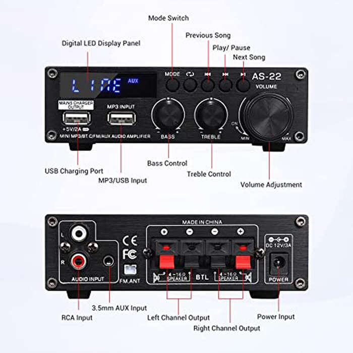 EU Plug - AirAux AS-22 Mini bluetooth Stereo Digital Amplifier 45W MAX RMS 300W Hi-Fi Class D 2 Chan