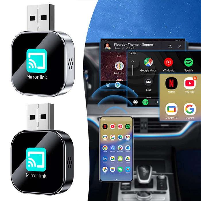 Silver - Smart Android Auto Mirror Link Box Adapter Metal Glass Dual Function Enhancer for Seamless