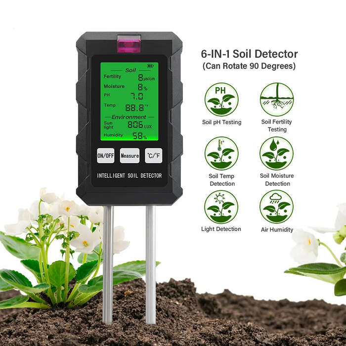 Black - 6 in 1 Digital Soil Tester PH Meter Fertility Soil Moisture Sunlight Ambient Humidity Temper