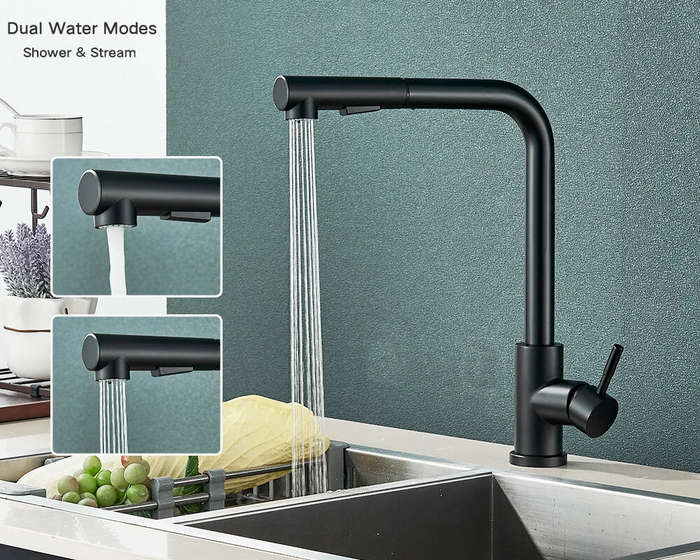 Black - 304 Stainless Steel Pull-out Faucet with 2 Modes Pull Out Kitchen Sink Faucet Stainless Stee