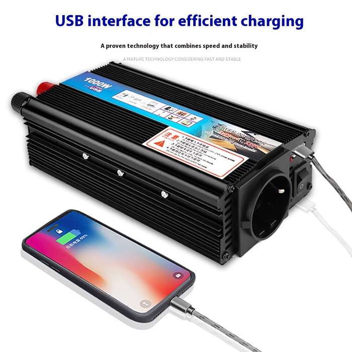 EU Plug - 1000W Car Power Inverter 12V to 220V Converter DC to AC Inverter EU Plug Efficient Heat Di