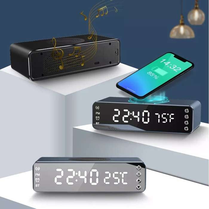 15W 3-in-1 Portable Speaker bluetooth Speaker LED Display Alarm Clock Wireless Charger Wireless Spea