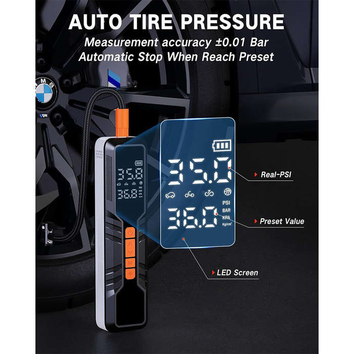 Black - Portable Air Compressor 150PSI Rechargeable 10000mAh Tire Inflator Fast Inflation 5 Modes Di