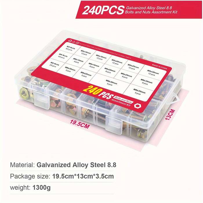 Kit - Grade 8.8 Alloy Steel Hex Screws and Nuts Kit 240pcs Metric M5 M6 M8 Corrosion-Resistant Assor