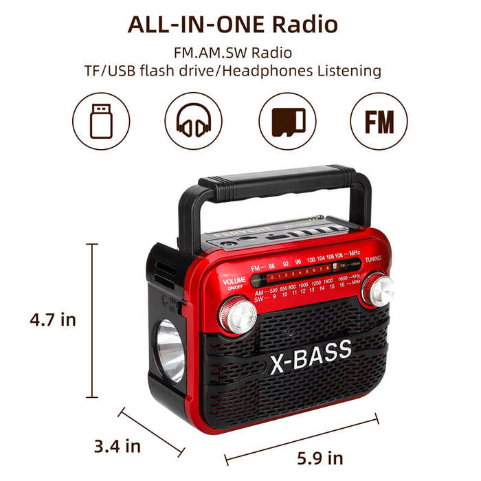 Grey - X-BASS Handheld Radio FM AM SW Radio Built-in Magnetic Speaker Support USB BT TF Headphone Mu