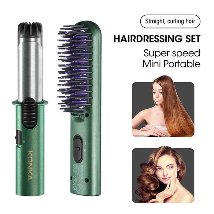 Green - KONKA Mini Portable Hair Styling Kit Curling Iron Straightening Comb Hot Air Comb Hairdressi
