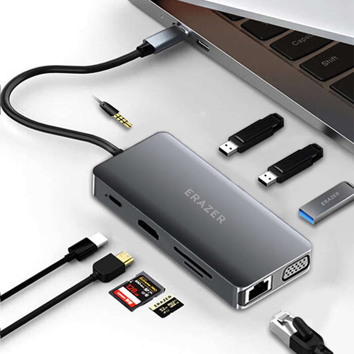 Black - Lenovo ERAZER XC10V 10-in-1 Type-C Docking Station USB Adapter with USB3.0*3 / USB-C PD100W