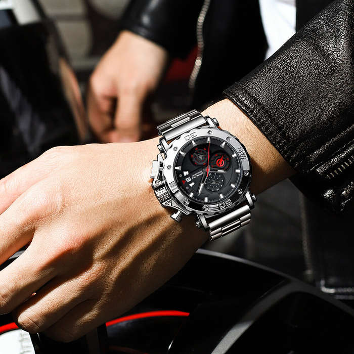 Blue - CRRJU Men's Quartz Chronograph Watch Stainless Steel Strap Waterproof Large Dial Luminous Spo