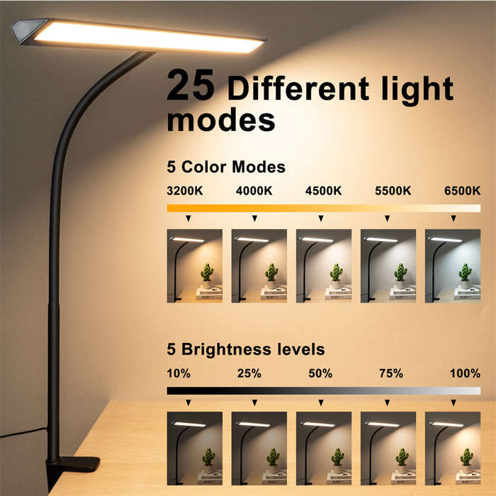 Black - LED Desk Lamp with Clamp 25 Lighting Modes Eye-Caring USB Powered Flexible Gooseneck Adjusta