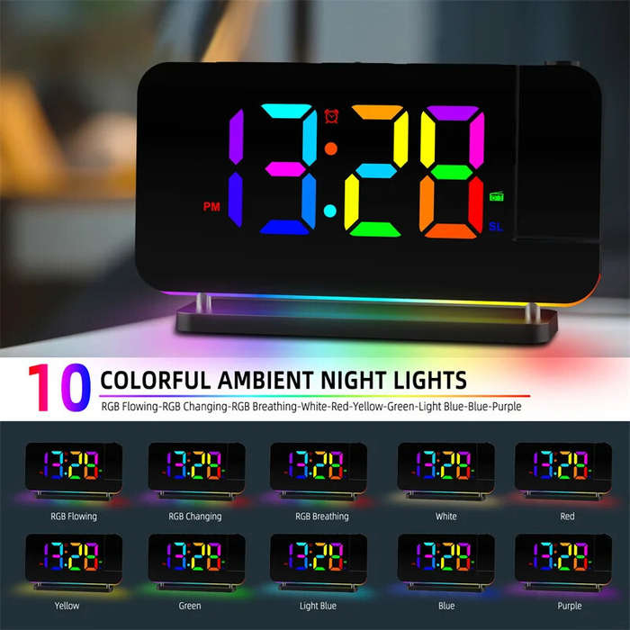 White - 180 Rotation RGB Colorful Night Light Radio Projection Clock Projection Digital Alarm Clock