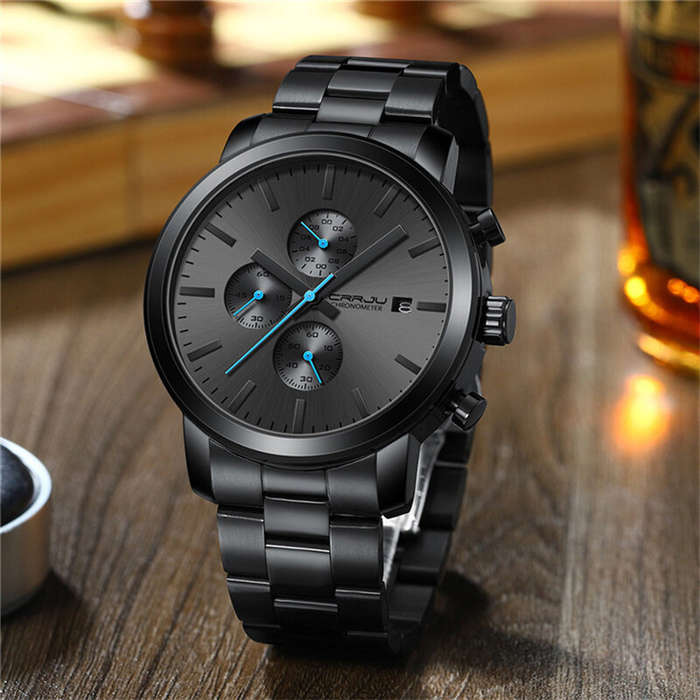 Black - CRRJU Mens Chronograph Watch, Stainless Steel Strap Men Watch, Fashion Waterproof Black Wris