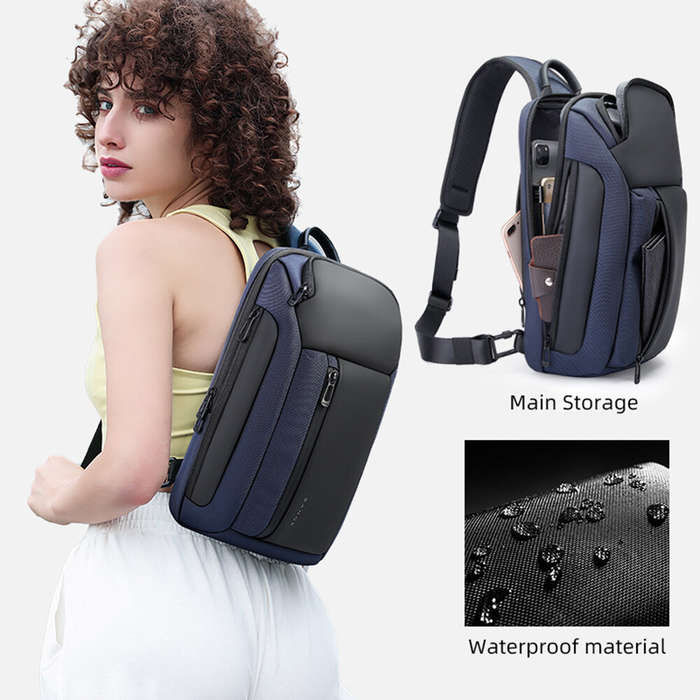 Blue - BANGE Chest Bag Men Casual Crossbody Bag Waterproof Shoulder Satchel Multi-Pockets Large Capa