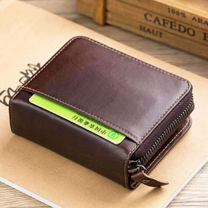 #2 - BULLCAPTAIN Genuine Leather Mens Zipper Wallet RFID Blocking Short Wallet Vintage Multi-card Ho