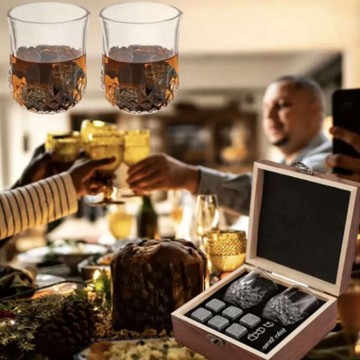 1 - Reusable Whiskey 6 Ice Stones Set Whiskey Stones 2 Whisky Glasses Set Granite Ice Cube Stainless