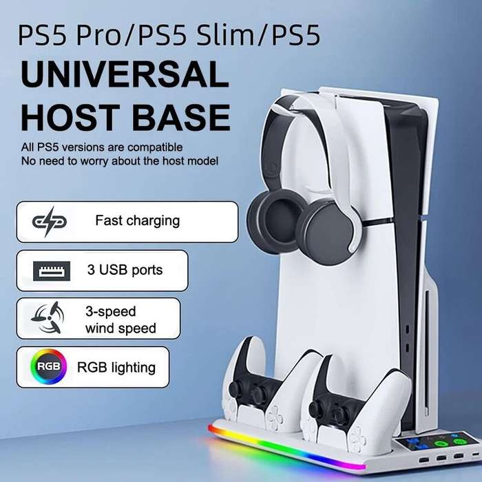 White - HA-8008 Gaming Stand with Cooling Fan RGB Light and Charging Dock for PS5 Slim and PS5 with
