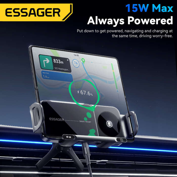 Grey - ESSAGER X01 15W Car Wireless Charger Air Outlet Dual Coil Mount Stand One-Click Switch Fast C