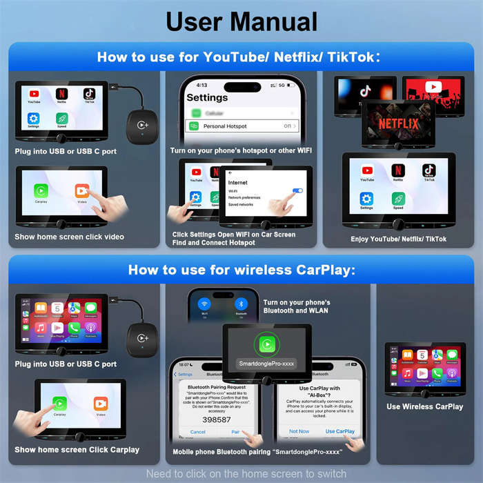 Apple Carplay - Universal Wireless Car Convertor CarPlay USB Type-C Seamlessly Upgrade Wired Connect