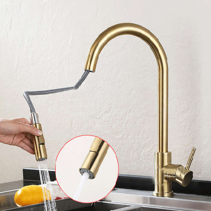 Gold - Brushed Gold Kitchen Sink Faucet Pull Out Water Tap Single Handle Mixer Tap 360 Rotate