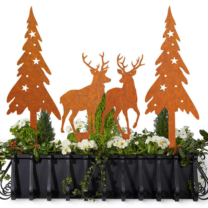 #A - Pack of 4 Rust Stake Christmas Tree and Deer Christmas Decoration Rust Garden Stakes Christmas