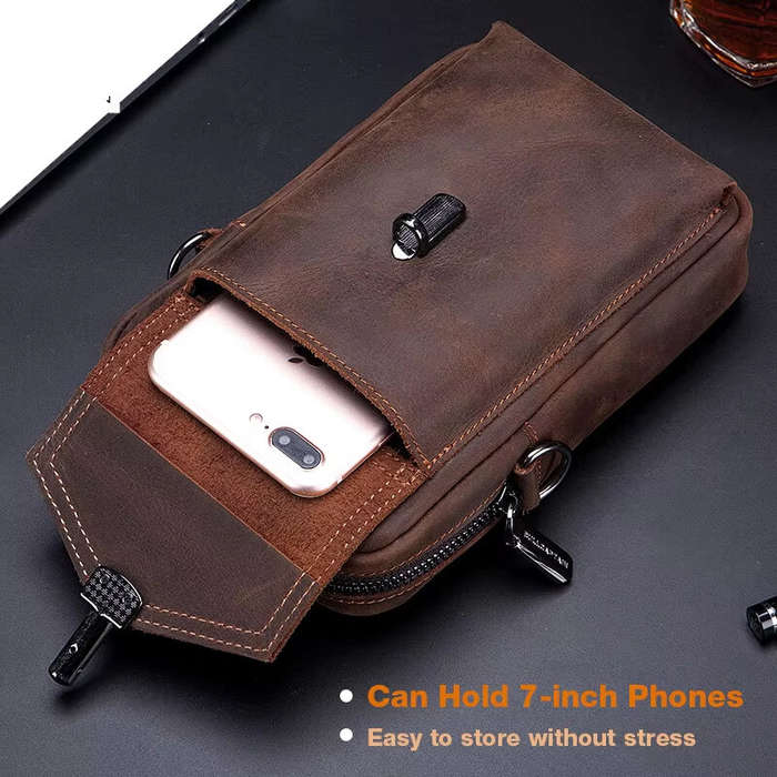 Black - BULLCAPTAIN Genuine Leather Men's Waist Bags Crossbody Bages Multifunctional 7-inch Mobile P
