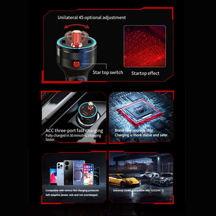 Black - 101W Car Charger New Starry Sky Roof Atmosphere Light Suitable For Huawei Apple &Android Pho