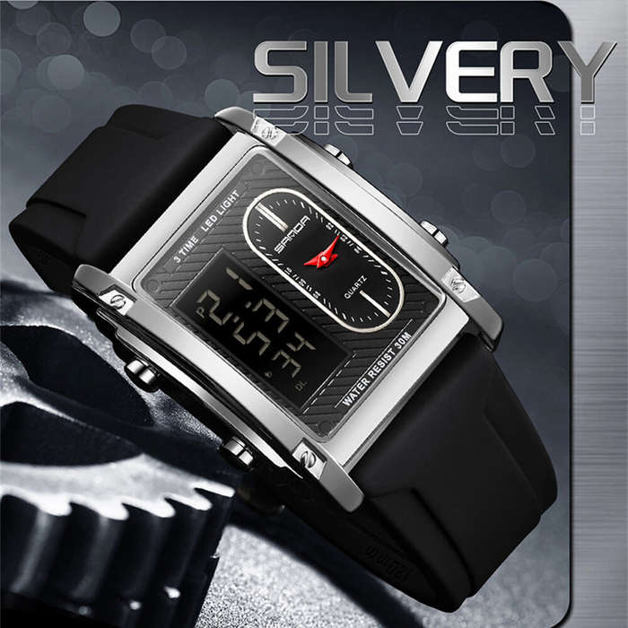 Black - SANDA Men's Sport Dual Display Digital Watch Waterproof Luminous Multi-function Chronograph