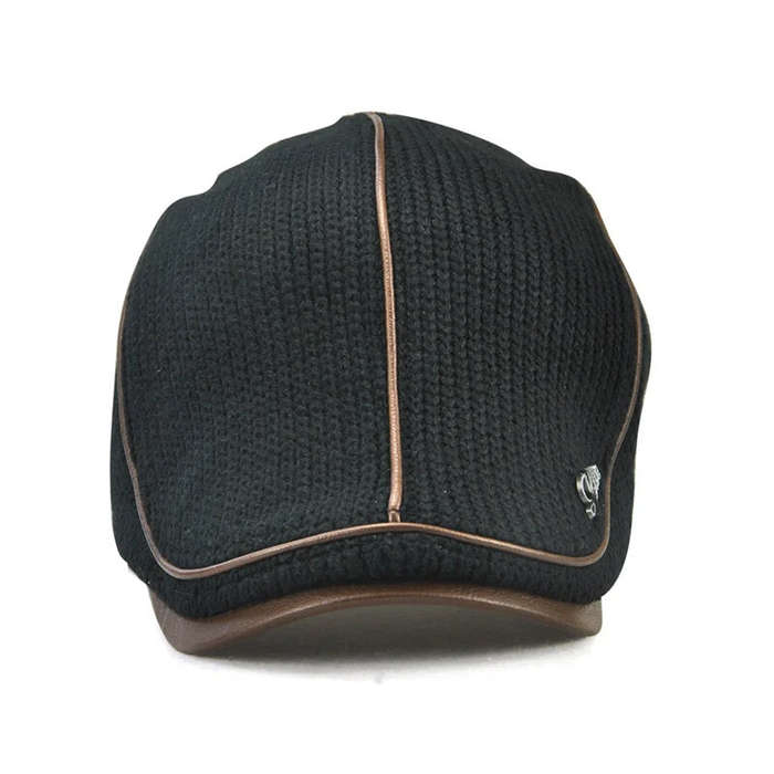 Grey - Collrown Knitted Berets Patchwork Leather Brim Men Flat Cap Retro Visor Hat Autumn Winter War