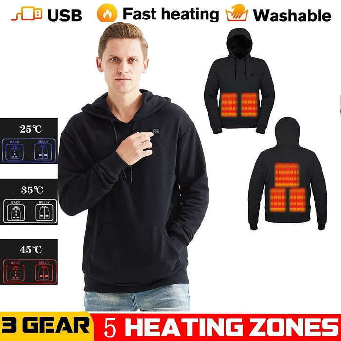Grey - Winter Hooded Electric Heating Sweatshirt Heated Clothes for Men USB Heating Sweatshirt Warm