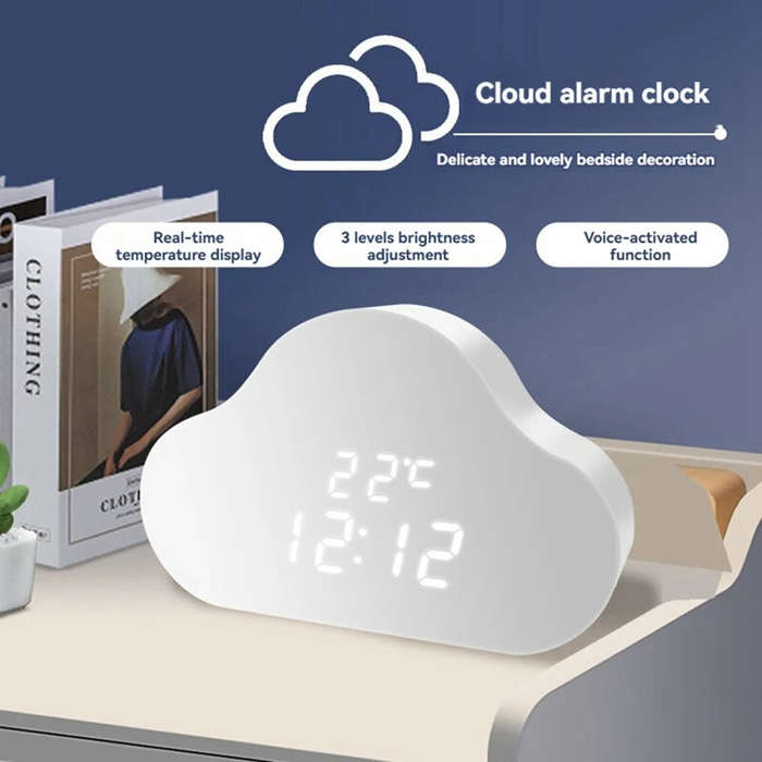 White - Cloud Alarm Clock Hygrometer KD8618 Adjustable Brightness 24-Hour Time Display Voice Activat